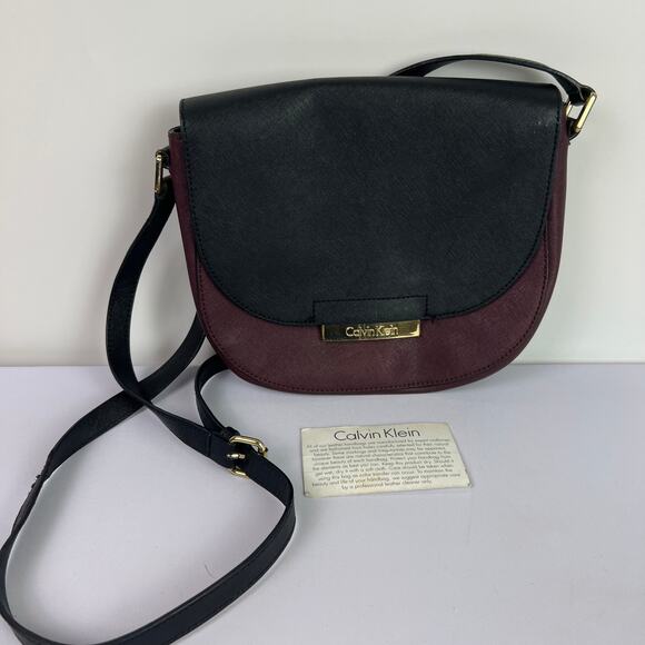 Calvin Klein Two Tone Maroon Black Crossbody Handbag with Strap 8.5 inch - Picture 1 of 16